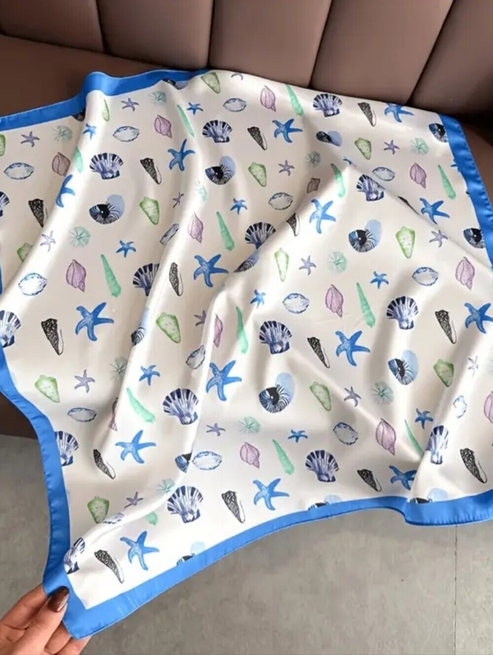 Silk-feel Seashell & Starfish Print  Scarf with Blue  Head Scarf ,  70×70cm